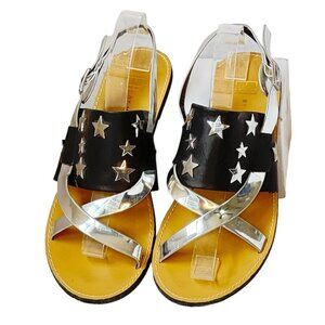 E8 by Miista Black Leather Flat Sandal Metallic Silver Straps and Stars   9.5